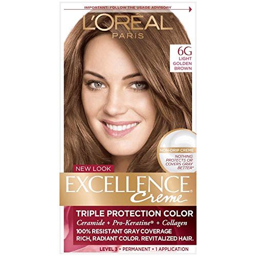L'Oreal Paris Excellence Creme Permanent Hair Color, 6G Light Golden Brown, 100 percent Gray Coverage Hair Dye, Pack of 3