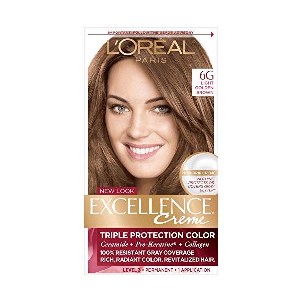 L'Oreal Paris Excellence Creme Permanent Hair Color, 6G Light Golden Brown, 100 percent Gray Coverage Hair Dye, Pack of 3