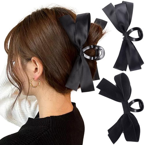 CustomyLife 2pcs Bow Hair Claw Clip for Women, Non-Slip Black Bowknot Hair Clip, Bun Updo Big Hair Barrettes Accessories Halloween Christmas for Long Short Curly Straight Thick Thin Wavy Hair