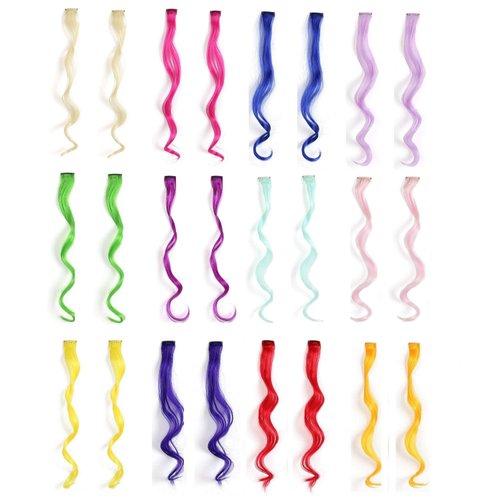 Rosette Hair 24Pcs/pack Multiple Colors Colored Hair Extensions- 12Colors Party Highlights Curly Wavy Hairpieces-Synthetic Clip on in Hair Extensions