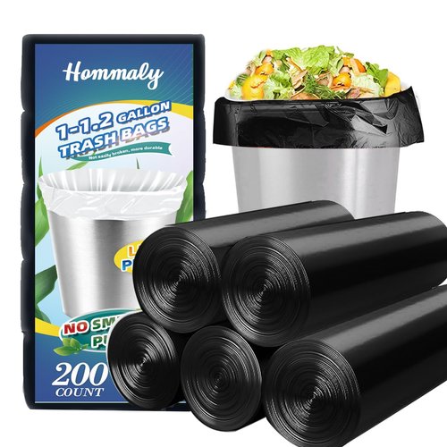 Hommaly 1 Gallon (Fit 1-1.2 Gal)200 pcs Small Black Trash Bags, Strong 1.2 Gallon Garbage Bags,Bathroom Trash Can Bin Liners,Mini Plastic Bags for Office,Waste Basket Liner,Fit 4.5,6 Liters-Black