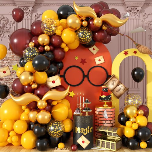 Paready Magical School Balloon Arch, 120 Pcs Wizarding World Balloon Garland, Black Burgundy Red Yellow Metallic Confetti Gold S-shaped Tail Foil Balloon for Kids Birthday Magic Theme Party Decoration