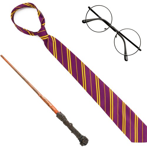 Skeleteen Wizard Costume Accessories Set - Nerd Circle Glasses, Red and Gold Tie and a Magic Wand...