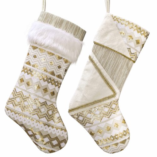 Valery Madelyn 21 Inch Gold Corrugation Christmas Stockings, 2 Pack Exquisite Plush Personalized Fireplace Hanging Stockings for Holiday Party Christmas Decorations and Xmas Gifts