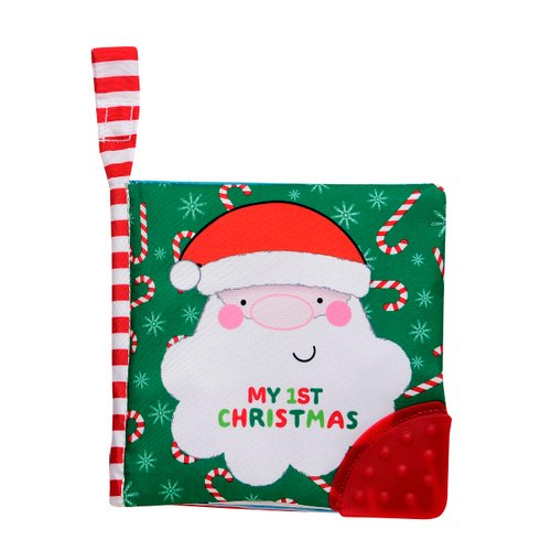 My First Christmas Soft, Crinkle Activity Book with Silicone Teether and Travel Strap, Santa, Green (5 1/2 inch Square)