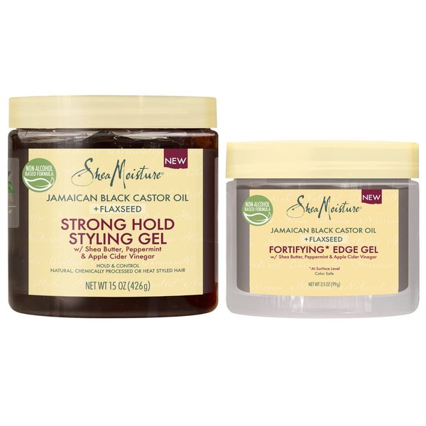 SheaMoisture Curly Hair Products Jamaican Black Castor Oil + Flaxseed Styling Edge Control (3.5 oz) Bundled with Strong Hold Styling Gel (15 oz) for Natural, Chemically Processed or Heat Styled Hair