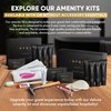 Infuse Black Amenity & Accessory Kit | 1 oz Travel Size Shampoo, Conditioner, Lotion, Body Wash, Body Bar, 2 Cleansing Bar, Shave & Dental Sets, Make-Up Remover Wipes, & Vanity Kit | 1 set per case