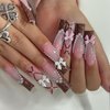 24 Pcs French Tip Press on Nails Long Coffin Fake Nails with Glue Pink Full Cover False Nails with 3D Nail Charms Designs Ballerina Nail Tips Cute Stick on Nails Artificial Nails for Women
