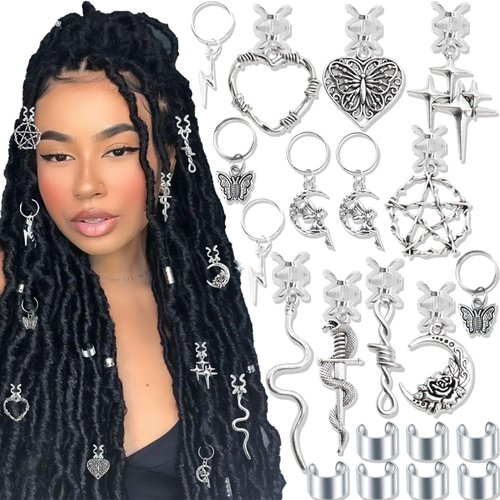 NAISKA 21PCS Silver Loc Jewelry - Butterfly Hair Clips, Dreadlock Accessories, Heart Shape Design Charms, Adjustable Cuffs, Rings, Multi Style Decoration for Halloween