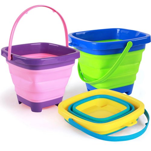 Carlerait 3PCS Collapsible Beach Bucket, 2L Silicone Collapsible Sand Bucket for Kids, Colorful Foldable Beach Bucket Water Bucket Sand Toys for Summer Beach Essentials, Travel Sand Toys
