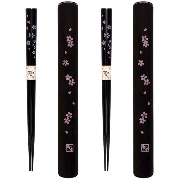 JapanBargain 3643, Portable Chopsticks with Case Reusable Chinese Korean Japanese Bamboo Travel Chop Sticks Utensil Dishwasher Safe Made in Japan, Sakura Pattern, Set of 2