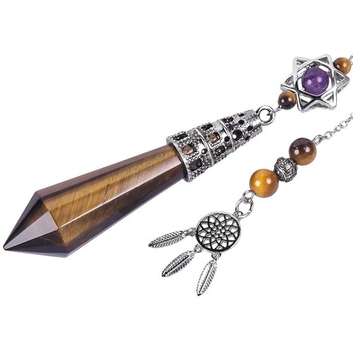 Nupuyai Healing Crystal Point Pendulum for Reiki Dowsing Divination Meditation with Dream Catcher Merkaba Star, Tiger's Eye Stone