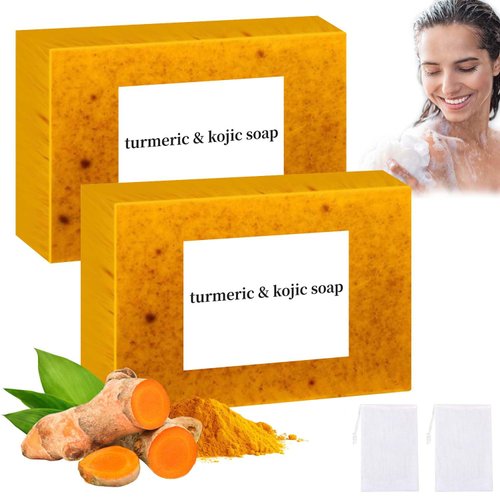 QiFind Lemon Turmeric Soap, Turmeric Soap Bar For Face ＆ Body, Turmeric Cleansing Bar Soap, Natural Lemon Turmeric Handmade Soap Bar For All Skin Types, 2 Pcs