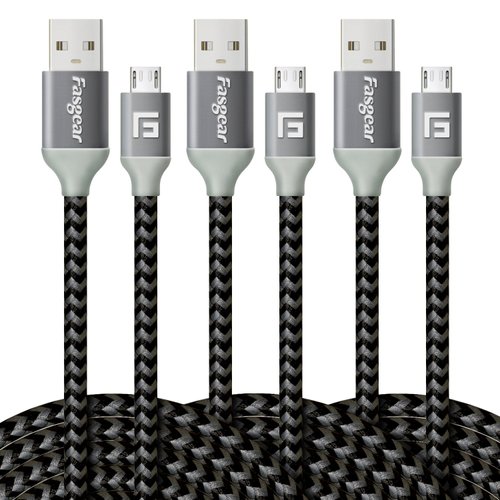 Fasgear Micro USB Cable 10 ft, 3 Pack Fast Charging Micro USB 2.0 High Speed Data Sync Nylon Braided Android Smartphone Charger Compatible for S7 Edge/Note 5,MP3,PS4, Kindle(Black)