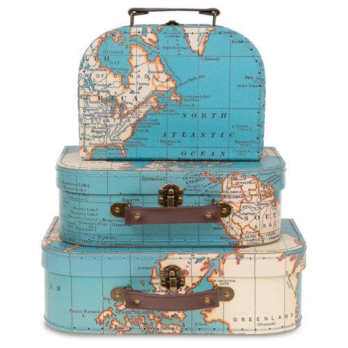 Jewelkeeper Paperboard Suitcases, Set of 3 Decorative Storage Boxes, Vintage Luggage for Birthdays, Weddings, World Map Design