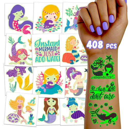 TatoYard 408PCS Bulk Temporary Tattoos for Girls, Fake Tattoo for Mermaid Party and Birthday Decorations Favors Supplies, Non Toxic Cute Tattoos Stickers for Kids