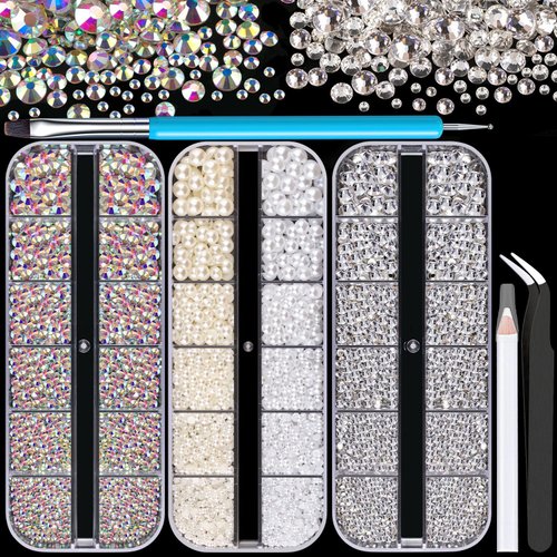 Rhinestones for Nails & Pearls, Manicure Kit, 2-5mm Flat Back Glass Crystal AB + Transparent Clear Gemstones, 2-6mm White & Beige Half Round Pearls, Gems for Nail Art with Pickup & Dotting Tools