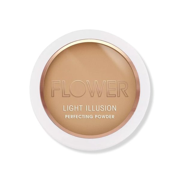 FLOWER Beauty By Drew Barrymore Light Illusion Perfecting Powder - Powder Foundation + Setting Powder for Makeup - Medium Buildable Coverage - Natural Glow + Flawless Finish - Mirror + Sponge Include d (Sable)