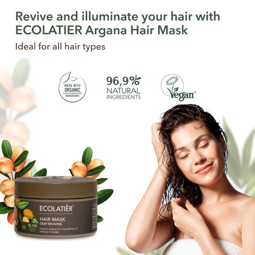 Organic Argana Oil Deep Reviving Hair Mask ECOLATIER - 96.9% Natural, Vegan Certified - Restores Shine with Argan & Macadamia Oils for Vibrant Hair - 8.5 Fl Oz