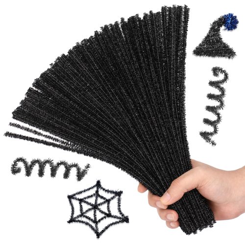 Hssugi Pipe Cleaners Black, 100PCS Christmas Pipe Cleaners Craft Supplies, Glitter Black Pipe Cleaners for Hair Fuzzy Sticks for DIY Art and Craft Projects Home Decoration