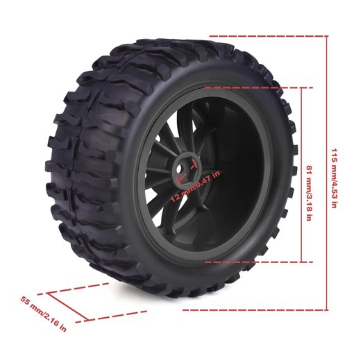 Hosim 55 * 115 mm RC Tires, All Terrain Soft Tire Mounted on 12mm Hex Wheels (Set of 4) for 1/10 RC Cars (Black Wheel hub)