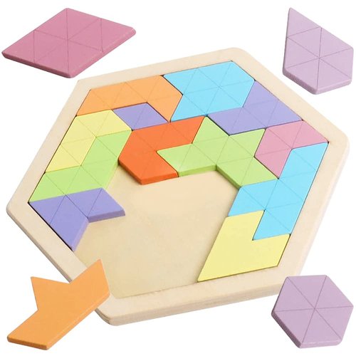 Skrtuan Wooden Hexagon Puzzle for Kid Adults Wooden Blocks Puzzle Brain Teasers Toy Shape Pattern Blocks Tangram Puzzles Games Family Portable Montessori Educational Gift for All Ages Children