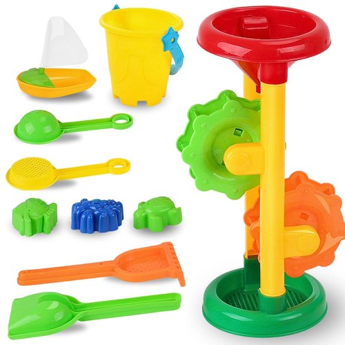 Liberty Imports Double Sand & Water Wheel Tower Beach Toy Set w/Built-in Funnel, Sieve, Bucket, Shovel, Rake, Animal Molds for Kids, Toddlers Play