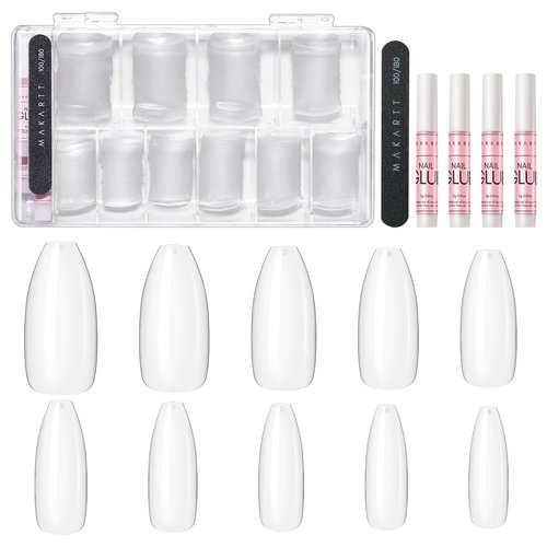 Makartt Coffin Nail Tips Kit 500pcs Clear Fake Nail Tips 4pcs Nail Glue for Acrylic Nails Set Press on Nails False Nails Soak Off Nail Tips and Glue Full Cover Nails 1pc Nail File Nails Art for Women