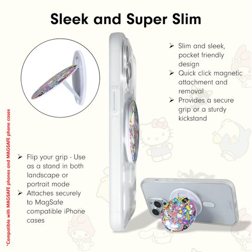 Sonix MagLink Snap Grip | Magnetic Phone Grip Holder and Collapsible Kickstand | Compatible with MagSafe | Hello Kitty and Friends Stickers