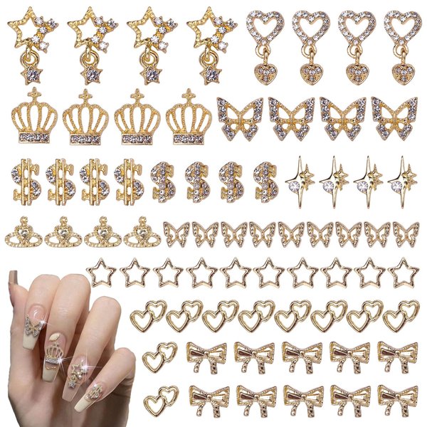78 Pcs Gold Nail Charms Gem Kit, 12 Styles Alloy Nail Art Charm, Assorted Butterfly Crown Hollow Planets Star Metal Nail Jewelry 3D Nail Gems Charms for Nails Design Nail Art Supplies