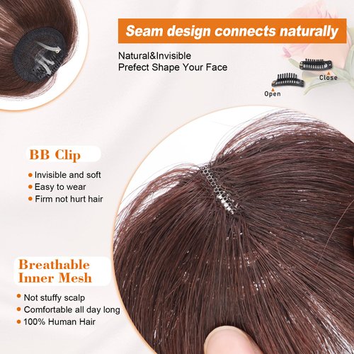 QGZ Clip in Bangs-Fake Bangs Hair Clip Fringe with Temples Hairpieces 100% Real Human Hair Extensions Curved Clip On Bangs for Women(Dark Auburn Brown Wispy Bangs)