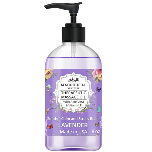 Maccibelle Lavender Massage Oil for Couples Therapeutic Massage with Vitamin E and Aloe Vera a for soothing, calming and muscle relief 8 oz (Lavender)
