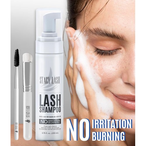 STACY LASH 6.76 fl.oz/200ml Eyelash Extension Shampoo + Brush/Eyelid & Eyebrows Foaming Cleanser/Wash for Extensions & Natural Lashes/Safe Makeup Remover/Supplies for Professional & Home Use