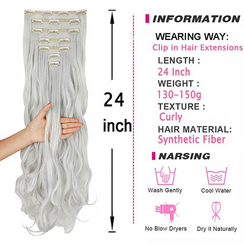 FUTATA 7Pcs 16 Clips 24 Inch Wavy Curly Full Head Clip in on Double Weft Hair Extensions for Women Girls, Silver Grey