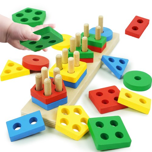 Shape Puzzles Wooden Puzzles for Toddlers 1 2 3 4 5 Year Old, Color Shape Sorter Stacking Matching Sensory Toys Educational Learning Puzzle Toys for Boys Girls Preschool Birthday