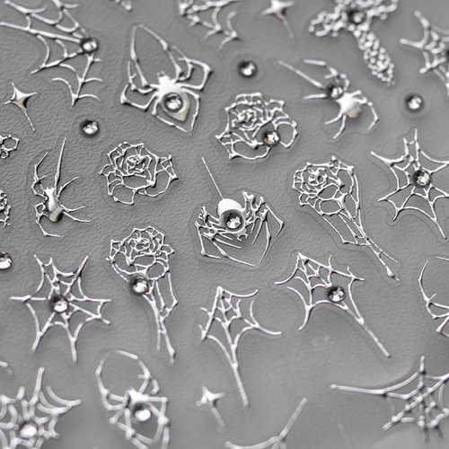 Halloween Nail Art Stickers Spider Web Spiders Nail Art Decals 5D Silver Crystal Diamond Nail Stickers Cross Rose Spider Web Nail Design Supplies Cute Nail Accessories for Acrylic Nails Decorations