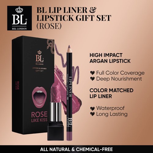 BL Color Matched Lip Liner & Lipstick Set (Rose) - Full-Coverage Argan Long Lasting Lipstick and Lip Liner Set With Natural Oils for Nourishment, Hydration, & Protection - Chemical-Free
