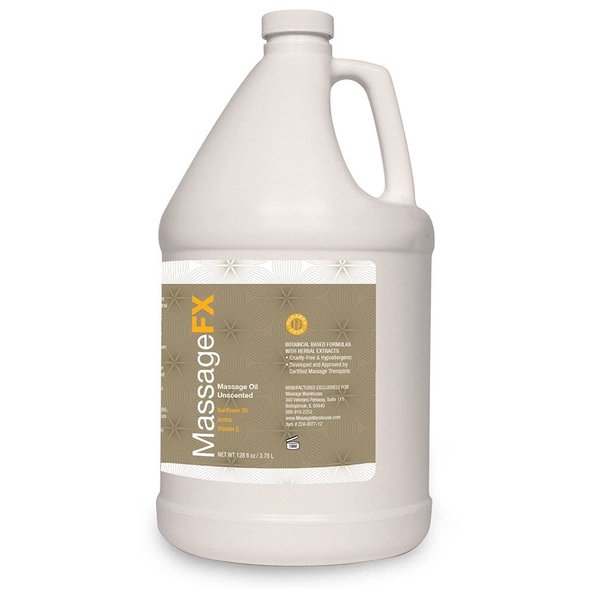 Massage Oil by Massage FX - 100% Pure Sweet Almond & Sunflower Seed Oil - Vitamin E - Ivy, Arnica & Aloe - Unscented - Perfect for a Full Body Massage, Maximum Friction - Paraben Free - 1 Gallon