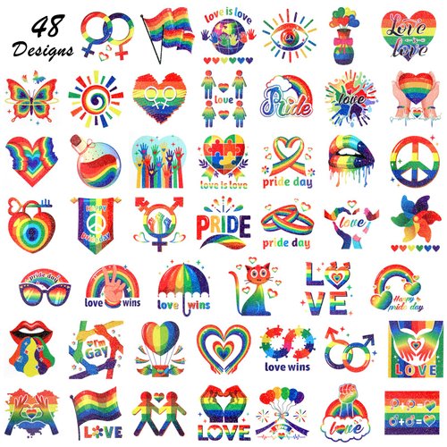 Qpout 48 PCS Glitter Pride Tattoos Rainbow Temporary Tattoos Shining Waterproof Pride Flag Tattoo Stickers for Women Men Rainbow Party Favors LGBT Pride Equality Parades and Celebrations