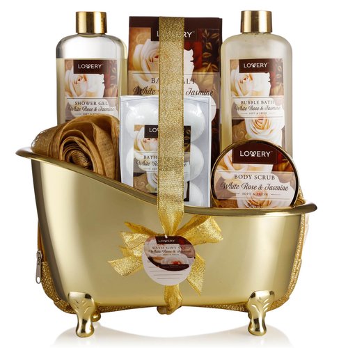 Christmas Gifts, Home Spa Gift Basket, Luxury 13pc Bath & Body Set For Men & Women, White Rose & Jasmine Scent - Shower Gel, Bubble Bath, Body Scrub, Salts, 6 Bath Bombs, Pouf, Cosmetic Bag & Gold Tub