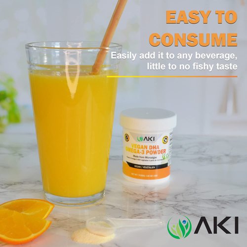 AKI Omega 3 DHA Micro Algae Powder Supplements - Plant-Based Keto Vitamin for Inflammation - Alternative to Fish or Krill Oil | Vegan & GMO-Free (1.94 Oz / 55G)