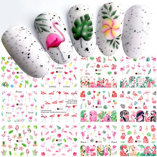 AIDVPOD Flamingo Paper Nail Stickers, Summer Water Transfer Decal, 12 Sheets, Pink Flamingo Green Leaf Design for Women Kids Manicure