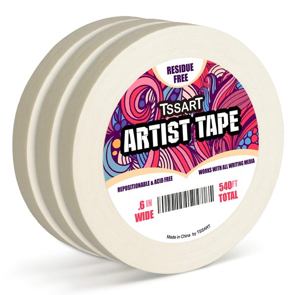 TSSART 3 Pack White Artist Tape - Masking Artists Tape for Drafting Art Watercolor Painting Canvas Framing - Acid Free 0.6inch Wide 540FT Long Total