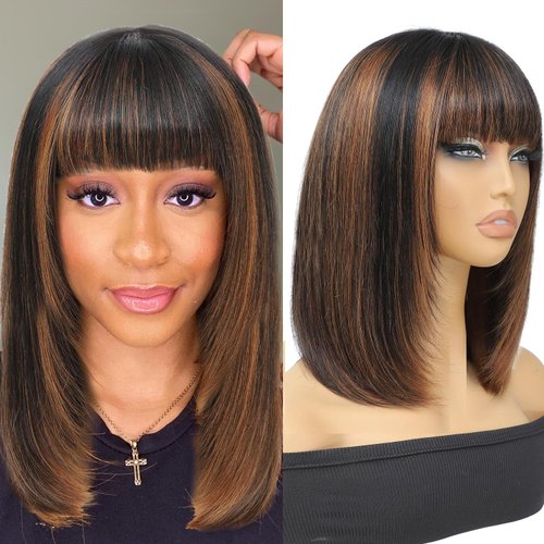 Civrie Highlight Straight Bob Wig Human Hair with Bangs Glueless 2.5x1 Transparent Lace Bob Wigs with Upgrade Breathable Bangs for Women Wear and Go Short Bob Wigs With Bangs Easy to Wear 14 Inch