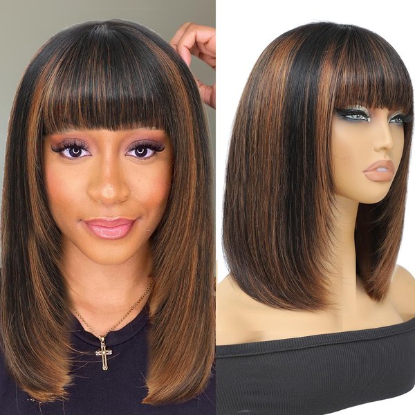Civrie Highlight Straight Bob Wig Human Hair with Bangs Glueless 2.5x1 Transparent Lace Bob Wigs with Upgrade Breathable Bangs for Women Wear and Go Short Bob Wigs With Bangs Easy to Wear 14 Inch