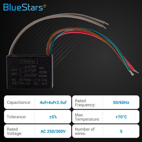 CBB61 4uf+4uf+2.5uf 5-Wire 250V/300V AC Ceiling Fan Capacitor by BlueStars - Pack of 1 - Replacement for Hampton Bay Ceiling Fan - 50/60 Hz - Electrical Power Relay Connecting Capacitor