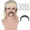 AMZCOS 70s 80s Rocker Mullet Wig Set for Men | Dark Roots Short Blonde Wavy Wigs for Mens Halloween Cosplay Party with 6 Earrings and Mustache