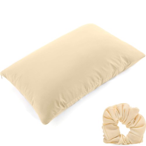 PILLOWY Ultra Silk Like Beauty Pillow Cover - Blend of 85% Nylon and 15% Spandex Means This Cover is Designed to Keep Hair Tangle Free and Helps Skin - Bonus Matching Hair Scrunchie, Off Cream, Queen