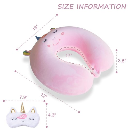 Sexysamba Cartoon Headrest & Neck Pillow for Kids Boys & Girls, Teens, Travel Accessories for Airplane, Car, Recline, Memory Foam Cute Travel Pillow with Sleep Eye Mask - Pink Unicorn