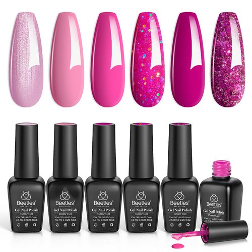 Beetles Pink Gel Nail Polish Set, 6 Colors Hot Pink Glitter Rose Red Gel Polish Kit with Snowflake Gift Set for Girls, Soak off Uv Led Nail Gel DIY Beetles Nails for Gift